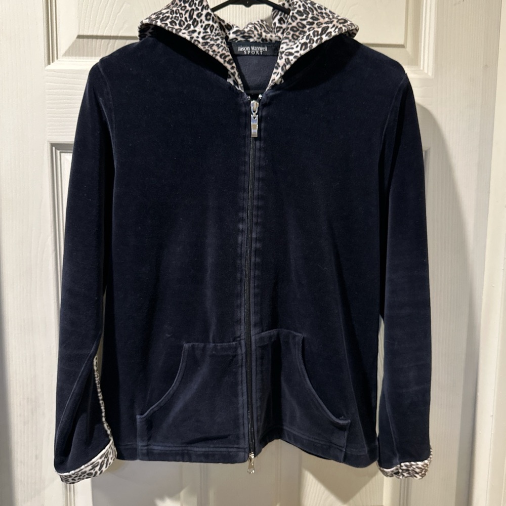 Vintage Black Velour Hoodie with Leopard Trim. Sz Medium. EUC 🐆